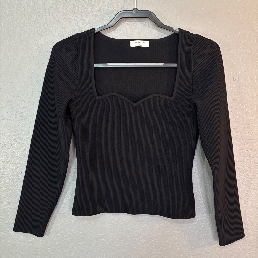 Babaton Aritzia Black Sculpted Knit Long Sleeve Sweetheart Top Large 78609